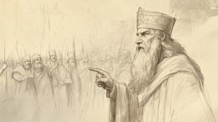 Fototapeta premium Biblical Illustration of Israel Demands a King: People Insist on Having King Despite Samuel's Warnings, Demand to Be Like Other Nations, Beige Background, Faith, Rebellion, Old Testament