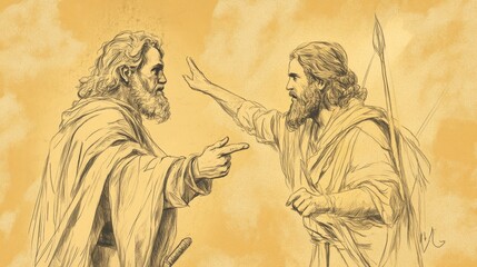 Fototapeta premium Biblical Illustration of the Lord Revealing to David That the People of Keilah Would Surrender Him to Saul, Bible Wall Art with Beige Background