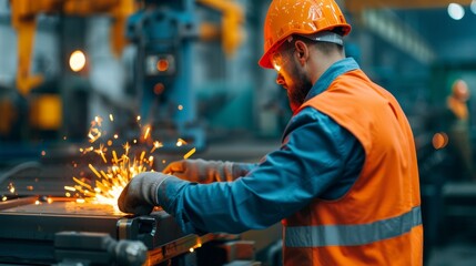 A skilled worker in an orange helmet and vest operates machinery, creating sparks in a modern industrial environment.