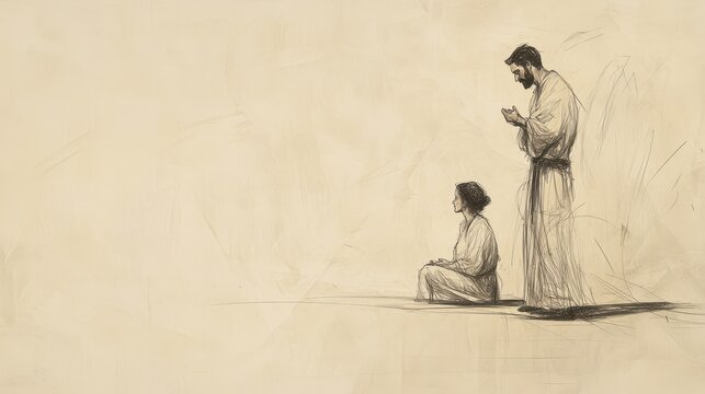 Biblical Illustration of The Birth of Samuel: Eli the Priest Observing Hannah Praying, Mistakenly Thinking She Is Drunk, Beige Background, Faith, Misunderstanding, Old Testament