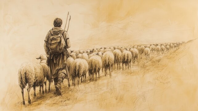 Biblical Illustration of 1 Samuel: David and Goliath, David Returning to His Sheep, Contemplating the Lord's Deliverance and Newfound Fame