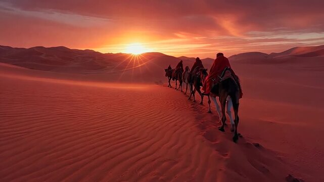 Sunset camel caravan through desert dunes