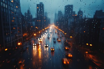 Fototapeta premium Cityscape view through rainy window. This photo shows a city with blurry lights through the raindrops, making it perfect for a blog, website, or social media post about the rainy season.