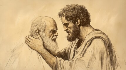 Fototapeta premium Biblical Illustration of Saul Weeping, Moved by David’s Words and Recognizing His Own Wrongdoing, Bible Wall Art with Beige Background