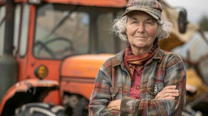 Fototapeta premium A Senior Farmer Woman, Standing Proudly With Arms Crossed, Poses In Front Of Her Bright Orange Tractor