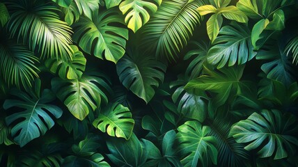 A background featuring lush tropical leaves, palm fronds, and exotic plants. Generative AI
