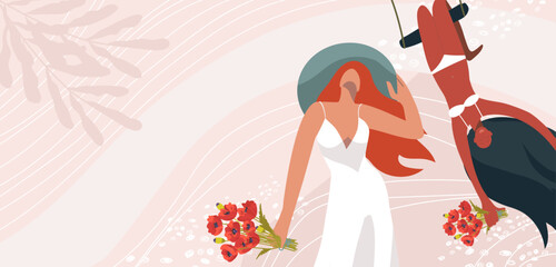 Copy space background with multiracial couple girls for beauty spa, women health and beauty, menstruation and self love banner. Vector banner flat design, hand drawn.