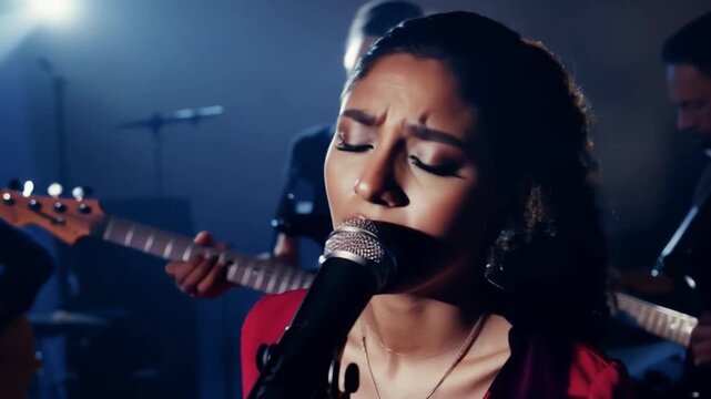 Close up Spanish young jazz singer in red dress standing on stage singing with microphone in dimly lit jazz club. Latin American jazz singer. Musicians playing in shadow in background.