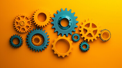 Various vibrant mechanical gears aligned on a flat yellow surface, symbolizing business agility and modern management practices