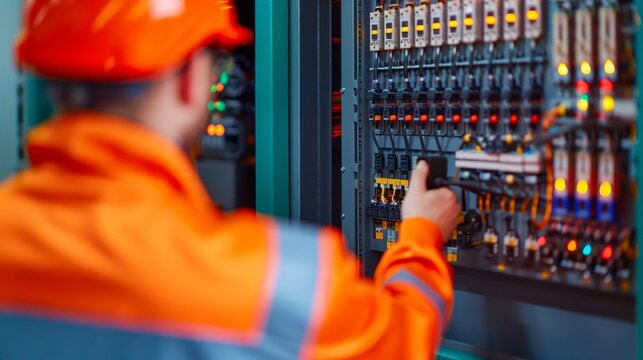 A worker in an orange safety suit adjusts controls on an electrical panel in a modern industrial setting.