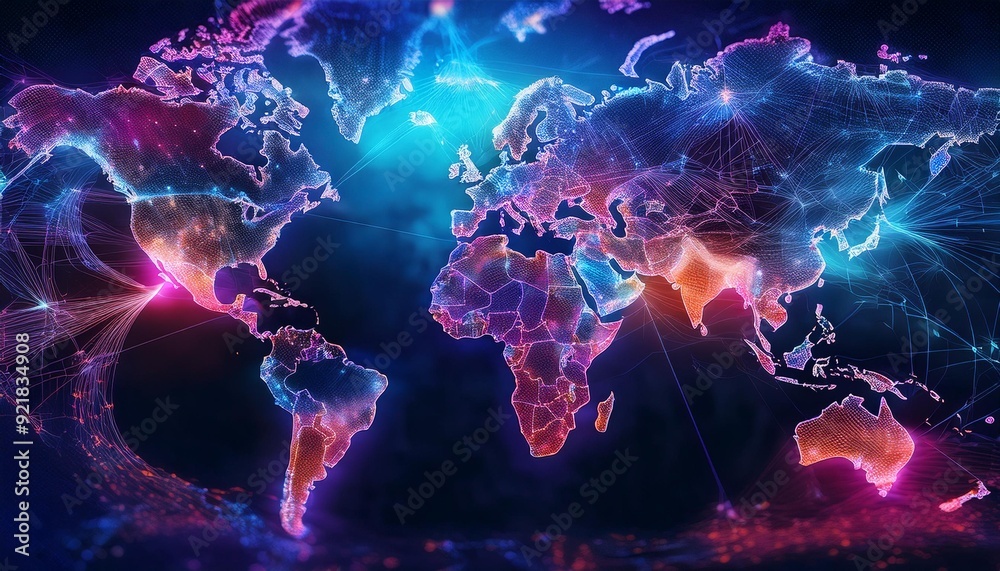 Wall mural a vibrant, interconnected world map showcasing global networks and data flows.