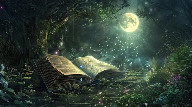 Magic book resting under a tree, bathed in the ethereal light of a full moon and its glowing rays
 Seamless looping 4k time-lapse virtual video animation Generated AI