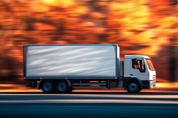 Refrigerated truck driving on high speed during autumn season.
