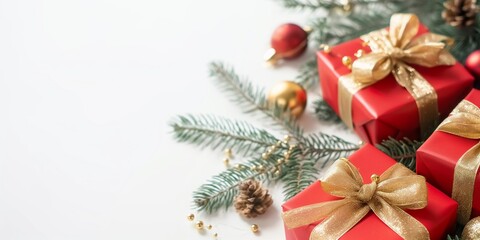 Christmas gift boxes with golden ribbons,  christmas tree