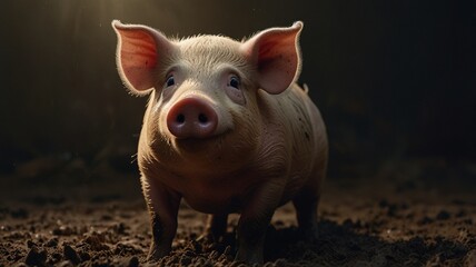 Portrait of a pig on a farm in the light of the setting sun