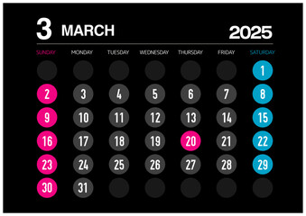 2025年の3月のカレンダー日曜始まり