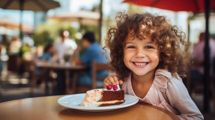 Cute girl eating dessert in a cafe.