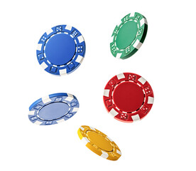 colorful casino chips isolated on white background, flying in the air. cut out