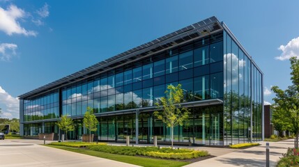 Fototapeta premium Modern Glass Office Building with Reflecting Sky and Trees