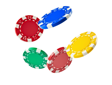 colorful casino chips isolated on white background, flying in the air. cut out