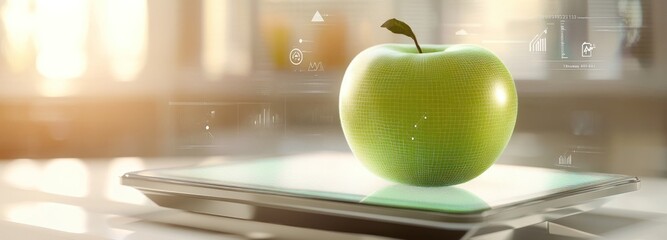 A Green Apple on a Digital Scale with Data Visualizations