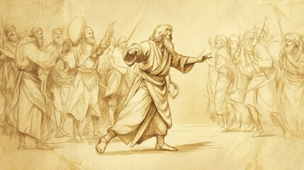 Fototapeta premium Biblical Illustration of Saul Anointed King: Samuel Casts Lots to Choose King, Lot Falls to Saul from Tribe of Benjamin, Beige Background, Faith, Selection, Old Testament