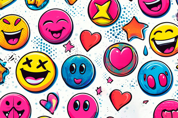 Design a collection of emojis in a cyberpunk style, featuring neon colors, glitch effects, and a dystopian futuristic aesthetic. The emojis should look digital and edgy , 100% white background