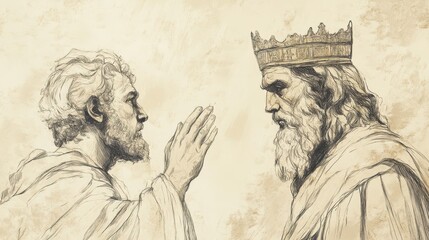 Fototapeta premium Biblical Illustration of Saul Chosen as King: Lord Reveals to Samuel that Saul Is the Chosen One for Israel, Beige Background, Faith, Revelation, Old Testament