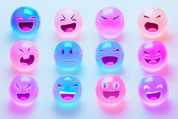 Design a collection of emojis in a cyberpunk style, featuring neon colors, glitch effects, and a dystopian futuristic aesthetic. The emojis should look digital and edgy , 100% white background