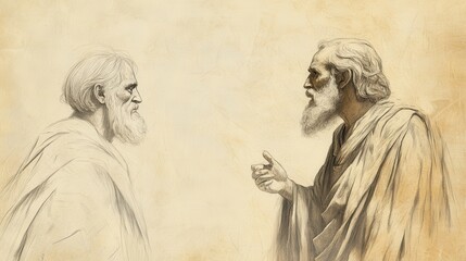 Fototapeta premium Biblical Illustration of the Medium Hesitating, Reminding Saul That He Has Outlawed Mediums and Spiritists, Bible Wall Art with Beige Background