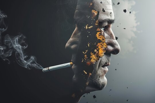 Man surrounded by smoke and cigarette butts a poignant scene depicting the engulfing nature of smoking addiction