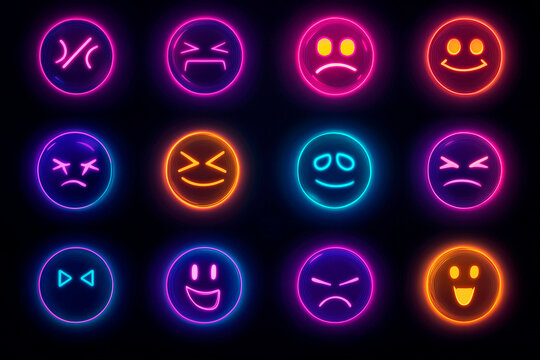 
Design a collection of emojis in a cyberpunk style, featuring neon colors, glitch effects, and a dystopian futuristic aesthetic. The emojis should look digital and edgy , 100% white background