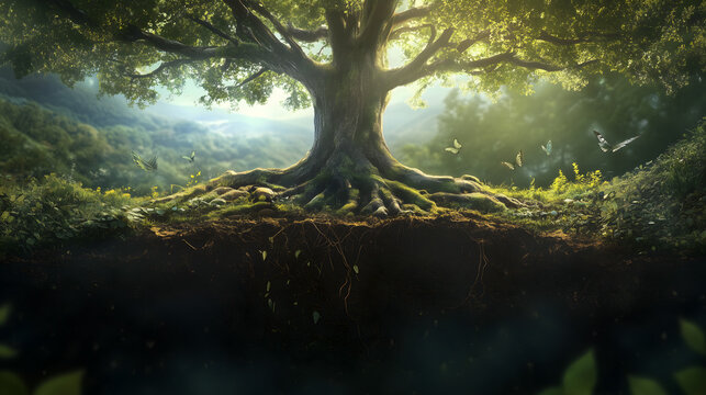 Spirit is stronger when the roots::1

of the tree are deeper and the branches are taller. We get a view from a cut through of the earth so we can see the roots. Illumniation, butterflies, the whole t