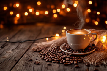 A cozy, inviting gift card with a steaming cup of coffee, surrounded by coffee beans and rustic elements, like a wooden table and warm lighting