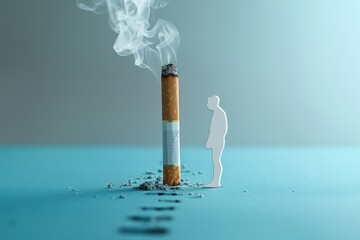 Minimalist portrayal of a cigarette transforming into smoke over tranquil water symbolizing the fleeting nature of relief