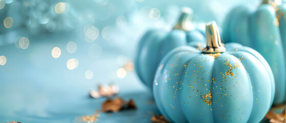 Minimal background with decorative blue pumpkins composition. Copy space. Halloween celebration mockup, fall harvesting seasonal, Thanksgiving day concept. Generative ai	