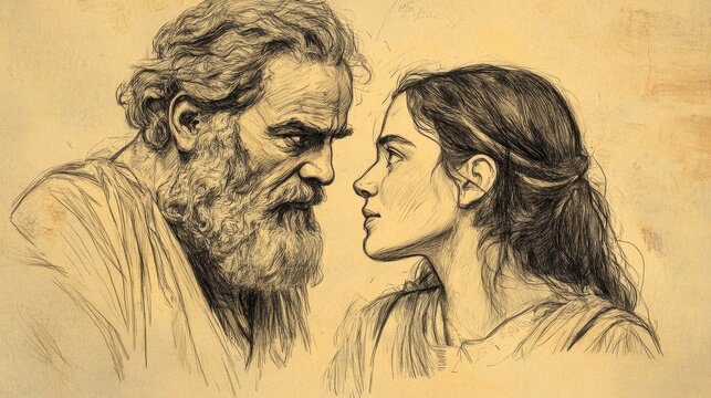 Biblical Illustration of David Hearing of Nabal&rsquo;s Death and Sending a Proposal to Abigail to Become His Wife, Bible Wall Art with Beige Background