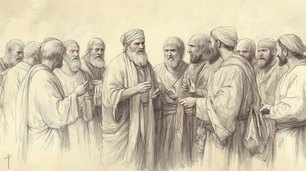 Fototapeta premium Biblical Illustration of Saul Anointed King: Some Israelites Bring Gifts to Saul While Others Question His Leadership, Beige Background, Faith, Support, Old Testament