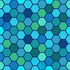 Seamless pattern of mosaic hexagons in a gradient of blues and greens