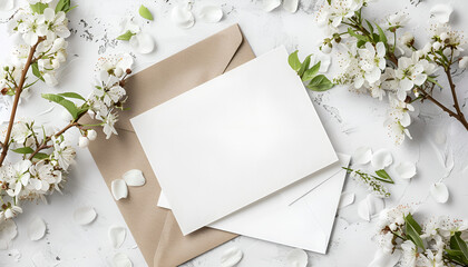 Mockup white greeting card and envelope with white flowers and light background