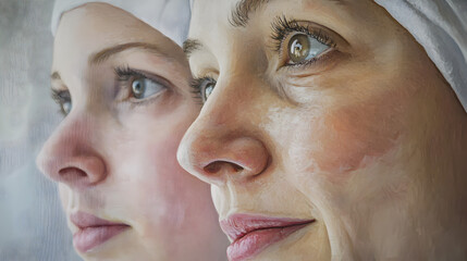 A series of close-up portraits of midwives, with calm, supportive expressions, captured in the intimate moments of childbirth.
