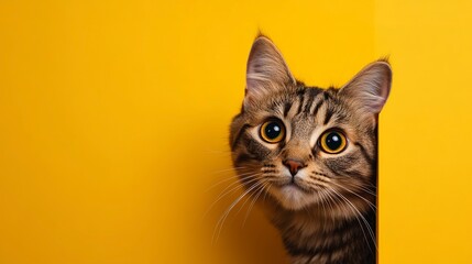 adorable young tabby ginger cat peeking out against a bright yellow background