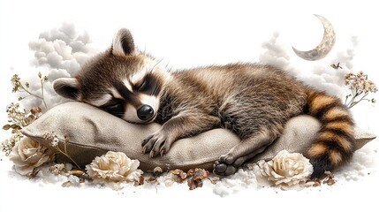 Obraz premium A painting depicts a raccoon slumbering on a cushion amidst blooms and a half moon overhead