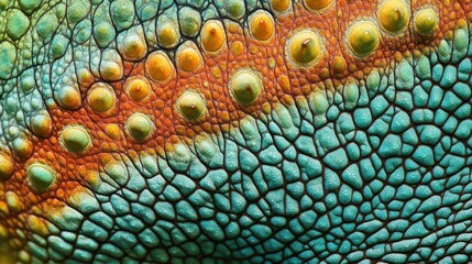 Obraz premium Close-up of a Chameleon's Skin Showing a Gradient of Blue, Green, Orange and Yellow