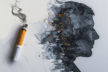 Artistic representation of a face crumbling under the impact of smoking emphasizing health degradation