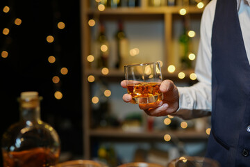 Bartender Serve Whiskey, on wood bar, 