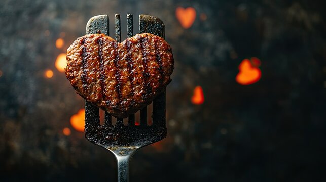 Heart-shaped burger on a spatula. Perfect for food, love, and Valentine's Day themes.