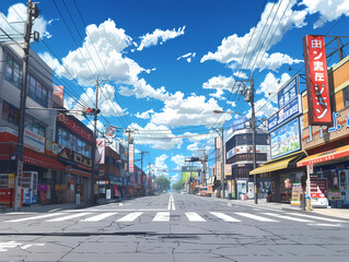anime background illustration, empty street atmosphere in the middle of a beautiful city in the afternoon