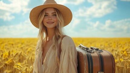 A stylish blonde woman in a hat stands with a travel suitcase in a yellow wheat field during summer