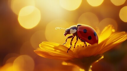 Fototapeta premium A ladybug poised on a flower petal against a warm, bokeh-lit background, capturing the essence of golden hour.